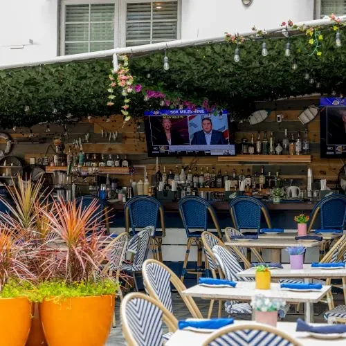 Vibrant outdoor restaurant bar with striped chairs, tropical plants, and TVs.