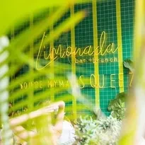 Neon signs 'limonada bar + brunch' and 'YOU'RE MY MAIN SQUEEZ' on green wall.