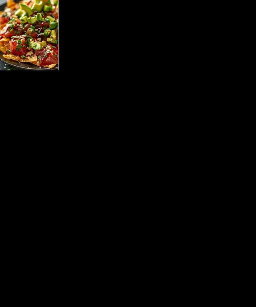 Close-up of tuna poke nachos with avocado and green onions.