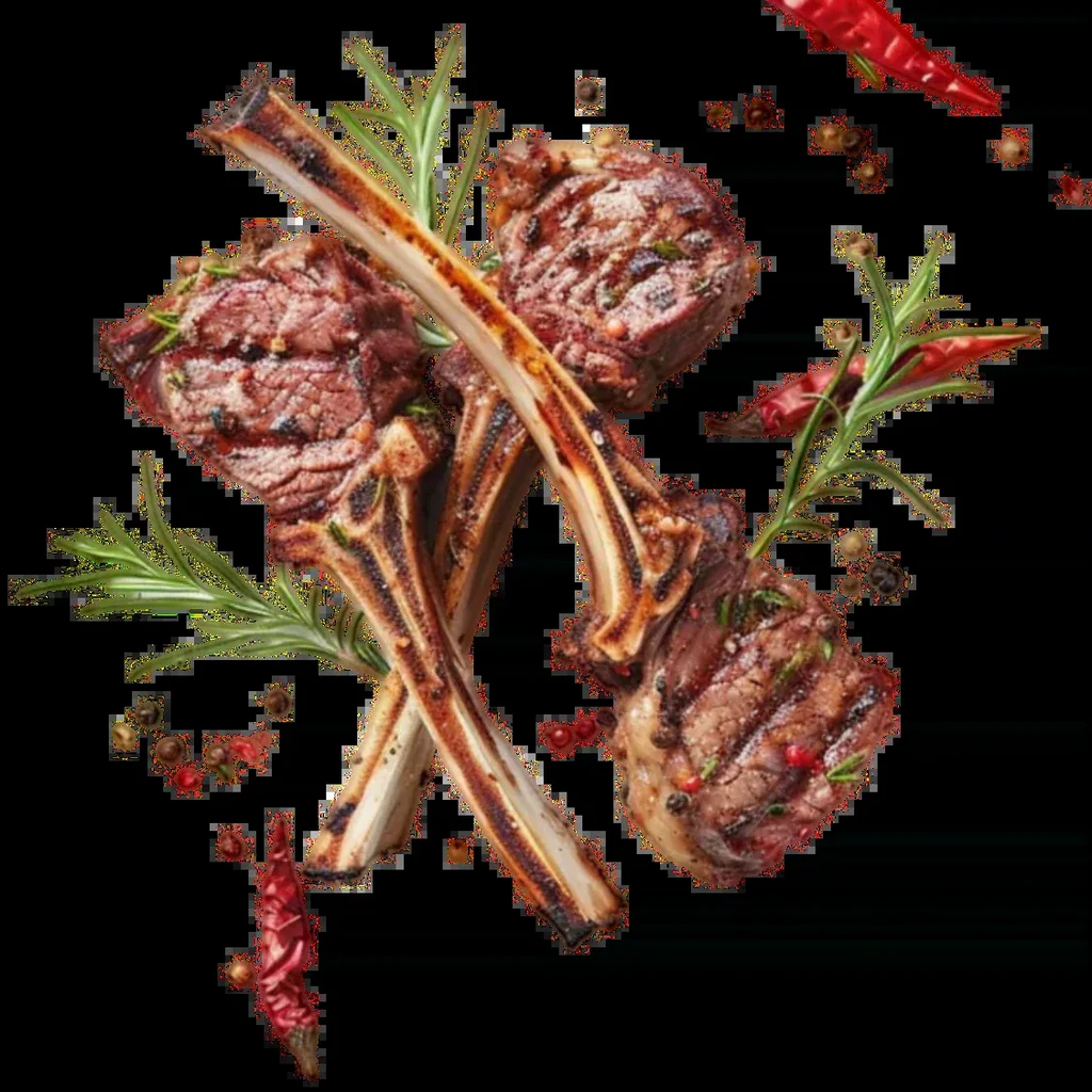 Grilled lamb chops with rosemary, chili, and peppercorns on black.