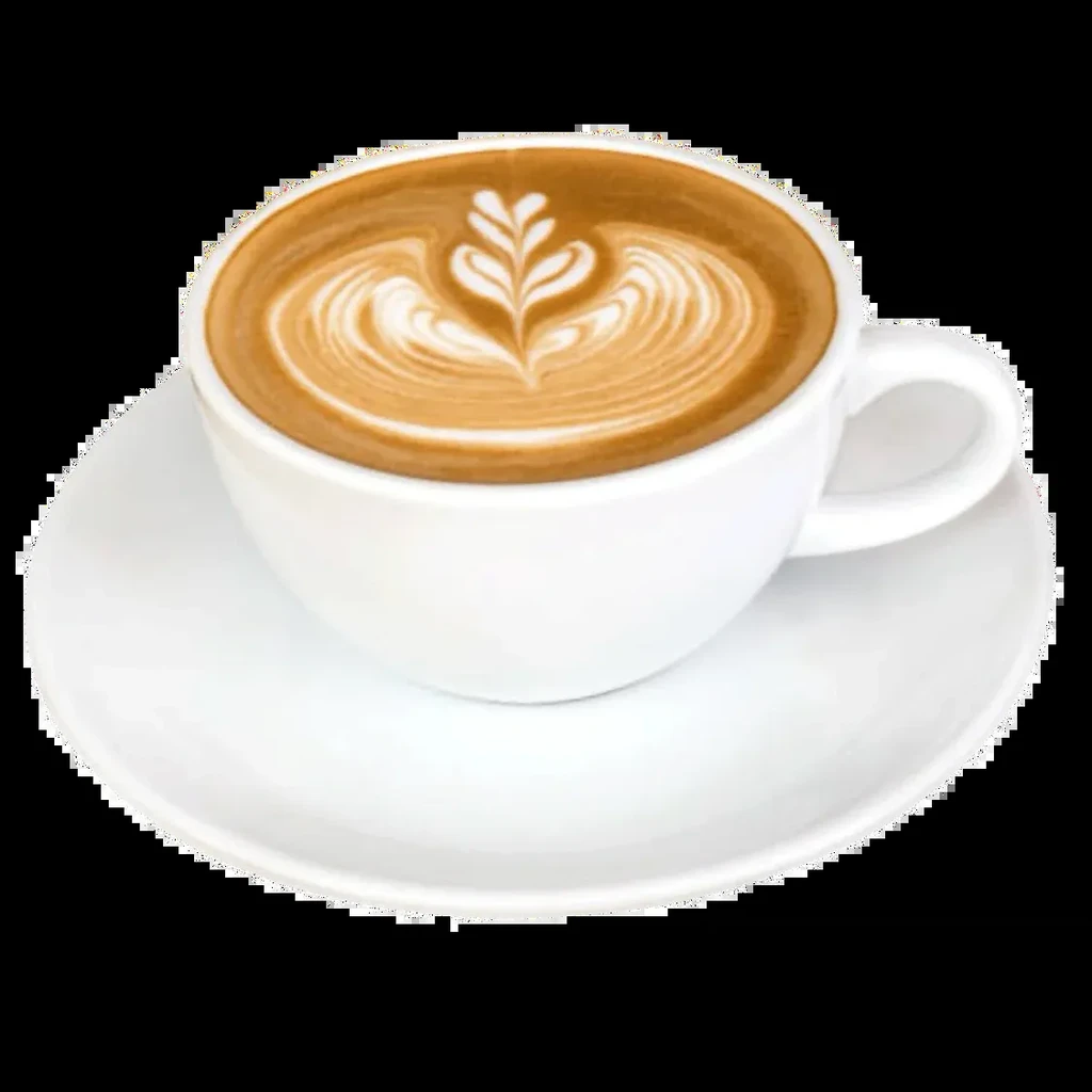 White ceramic cup with latte art on saucer, black background.