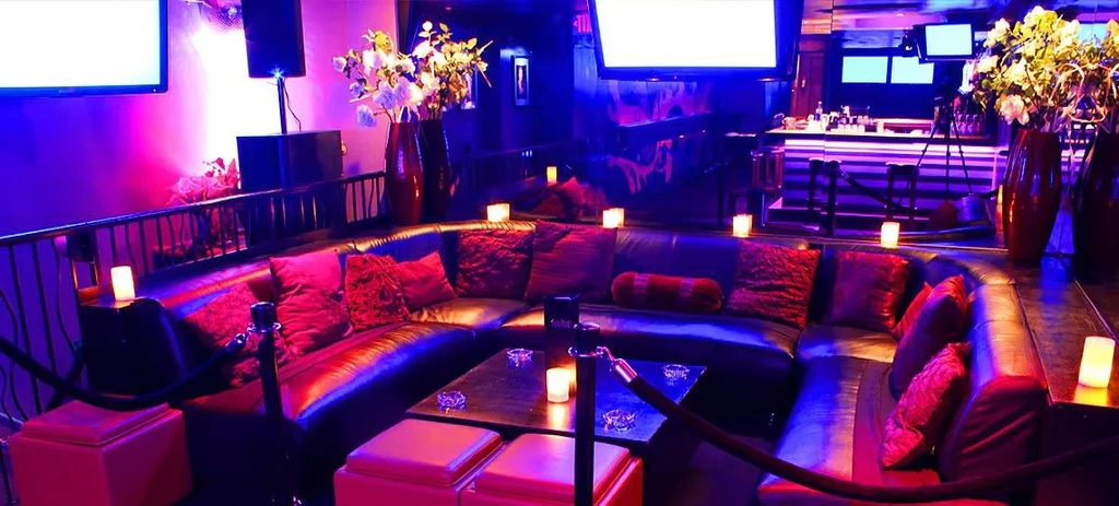 Dark lounge with U-shaped sofa, red pillows, and purple lighting.