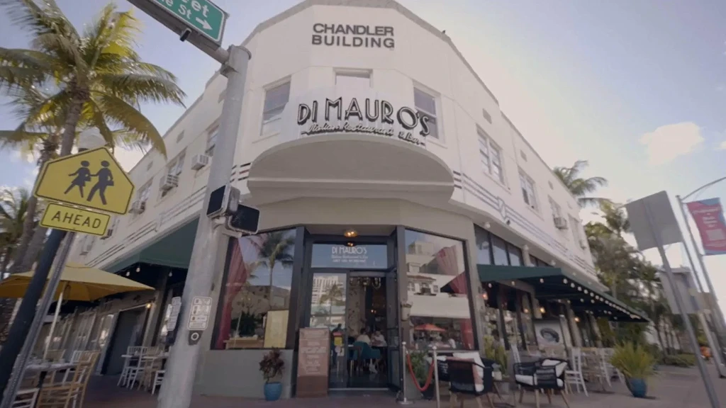 Art Deco Chandler Building with Di Mauro's Italian Restaurant and outdoor seating.