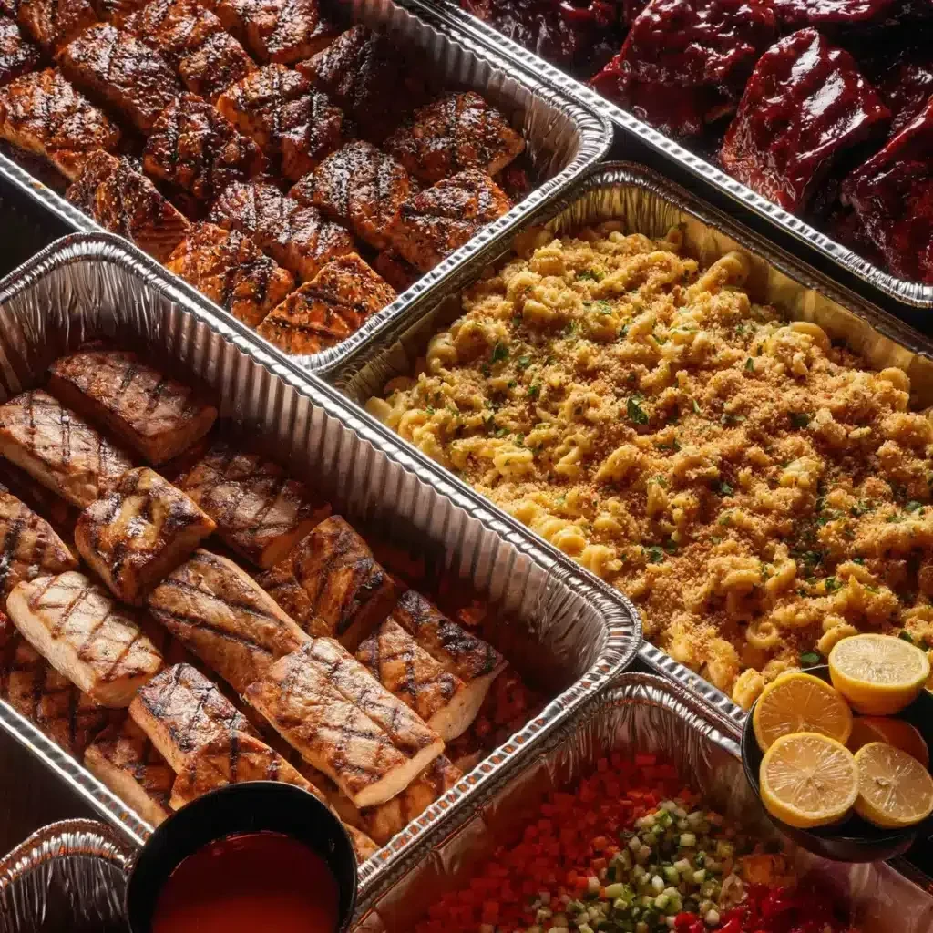 Multiple catering trays with grilled salmon, ribs, and macaroni and cheese.