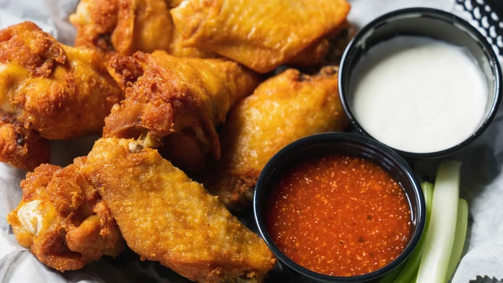 Crispy golden-brown fried chicken wings with sauces and celery.