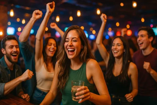 Woman in green laughing with friends at a dimly lit bar.