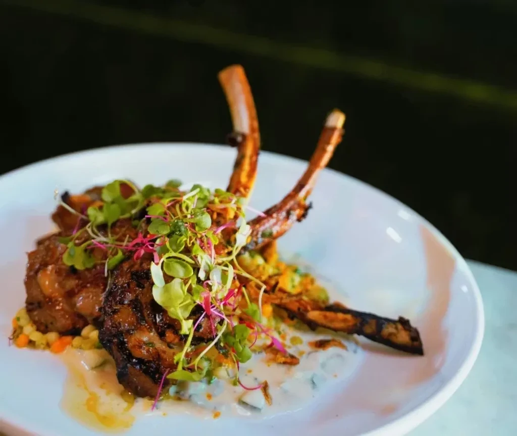 Close-up of grilled bone-in meat, microgreens, grain, and creamy sauce.