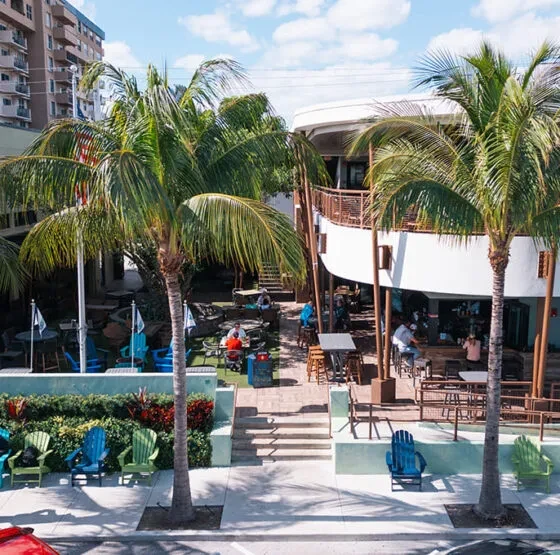 Elevated view of modern outdoor restaurant with white building and palm trees.