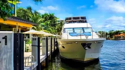 Large white yacht docked at a pier with tropical foliage.