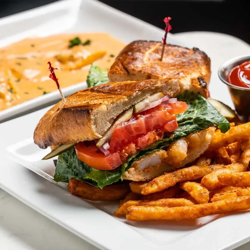 Open-faced fried seafood sandwich, fries, ketchup, and bisque.