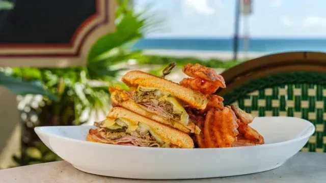Pressed sandwich and waffle fries, plate with ocean view.