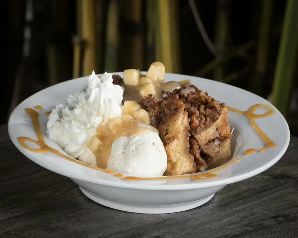 Bread pudding with vanilla ice cream, whipped cream, fruit, and caramel sauce.