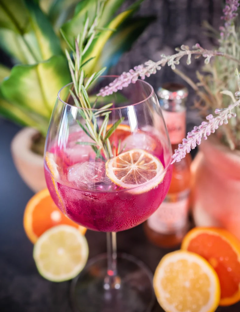 Pink cocktail garnished with blood orange, dried citrus, and rosemary.