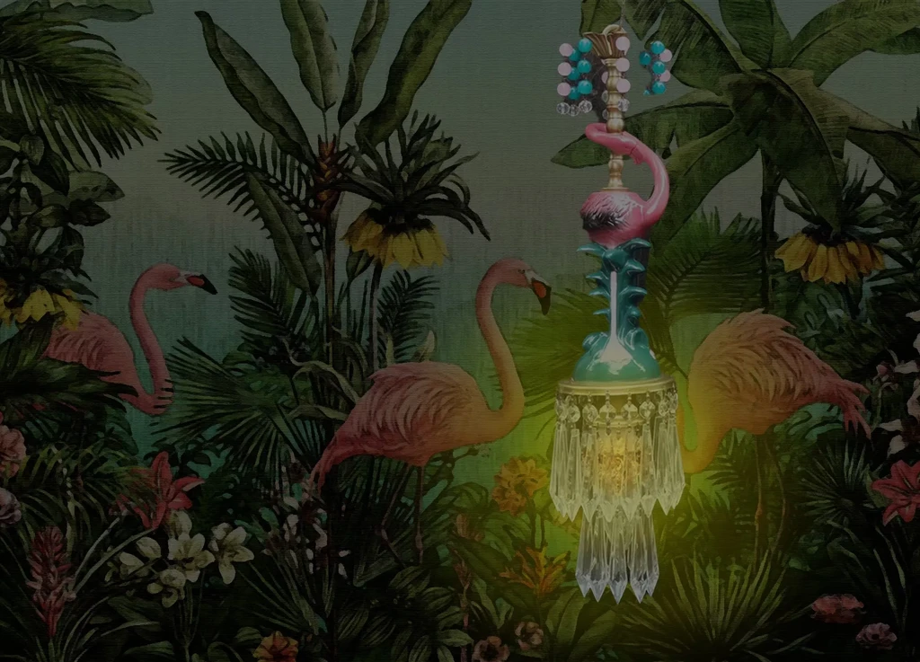 Ornate flamingo chandelier illuminates a tropical jungle mural with three flamingos.