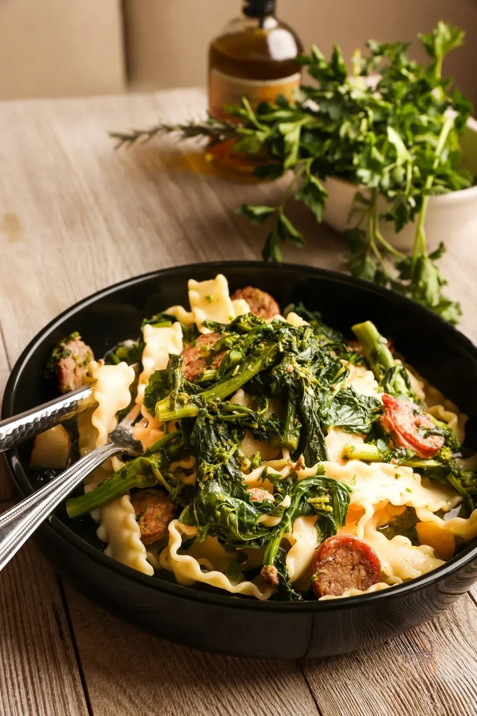 Close-up pasta with greens, sausage, fork in dark bowl.