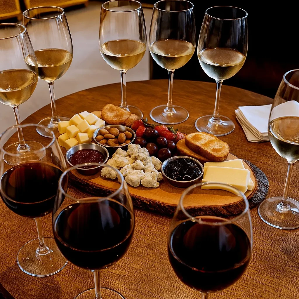 Live-edge charcuterie board with cheese, fruit, bread, nuts, and wine glasses.