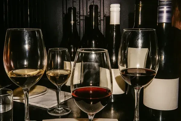 Reflective wine glasses with red and white wine, bottles in dim light.