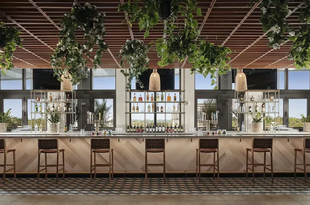 Empty modern bar with chevron wood counter, stocked shelves, and hanging plants.