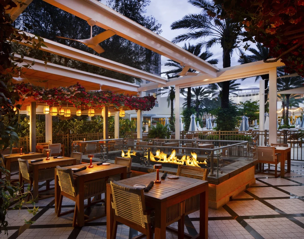 Illuminated outdoor dining patio with fire pit, floral pergola, and palm trees.