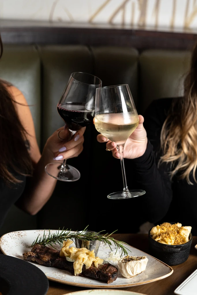 Two diners toast wine over a gourmet meal in a cozy restaurant.