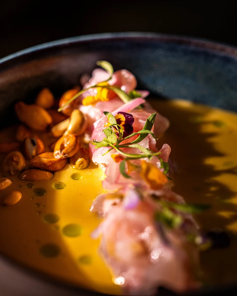 Top-down ceviche with pink fish, colorful garnishes, and yellow sauce.