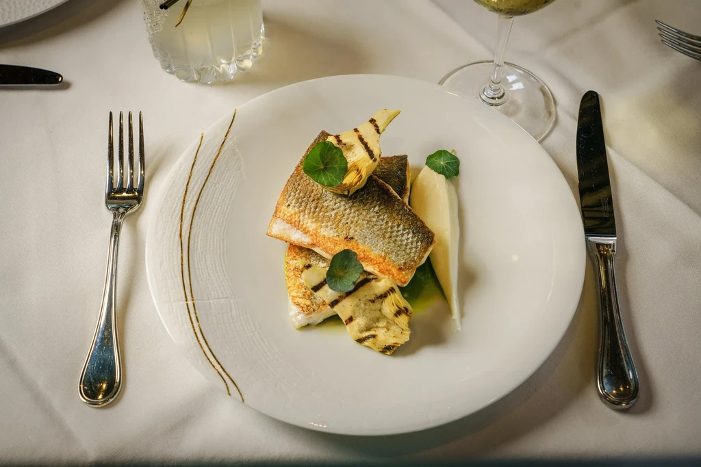Finely plated pan-seared fish, grilled artichoke hearts, pureed vegetable.