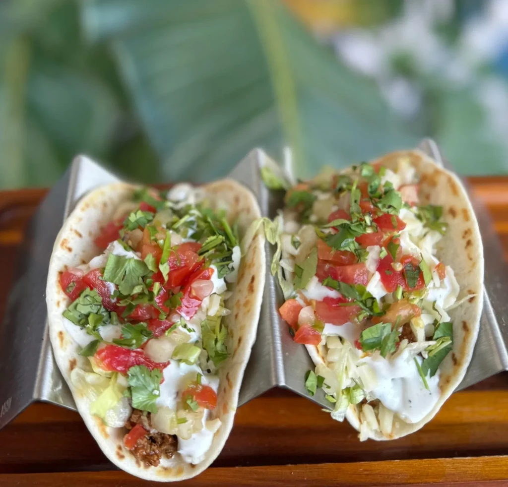 Two meat tacos with fresh toppings in a metal holder outdoors.