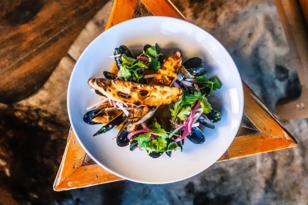 White bowl of mussels in broth, grilled bread, fresh herbs, and onions.