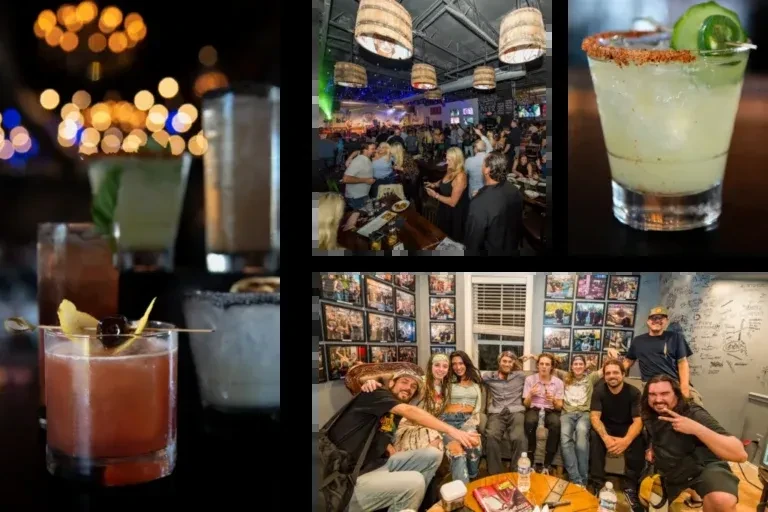 Collage of drinks, a lively bar interior, and people in a lounge.