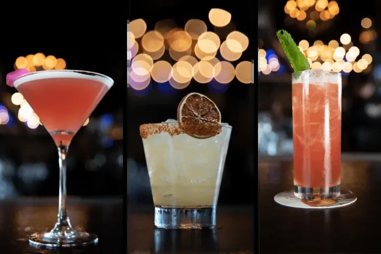Three garnished cocktails: martini, rocks, and highball, in a dark bar.
