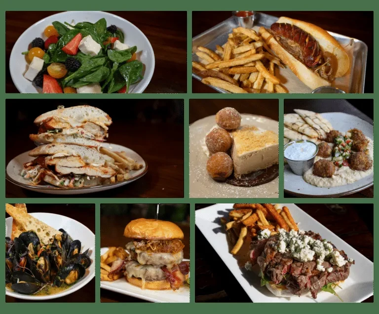 Collage of nine diverse food dishes on a dark green background.