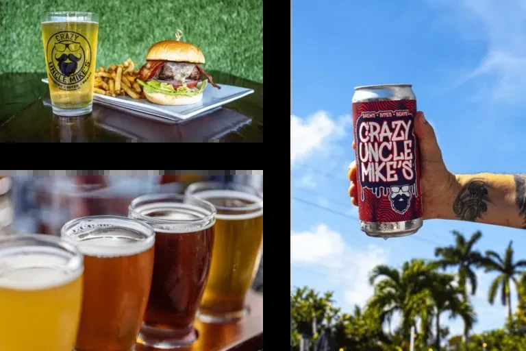 Collage of Crazy Uncle Mike's beers, burger, fries, and outdoor scene.