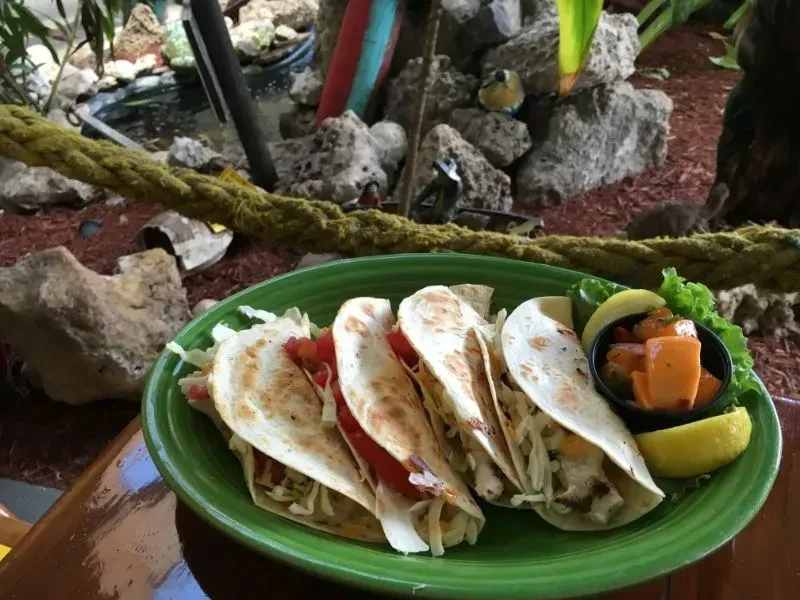 Four fish tacos with salsa, lettuce, and lemon on a green plate.
