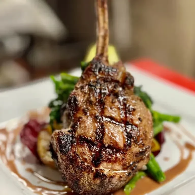 Artfully plated grilled chop, green vegetables, root vegetables, and sauce.