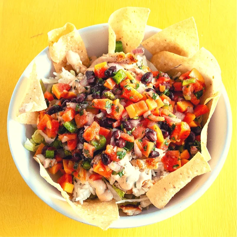Vibrant chicken burrito bowl with salsa, rice, lettuce, and tortilla chips.