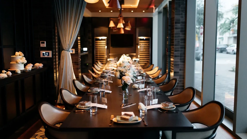 Elegant private dining room with long table, rose bouquets, and cake.