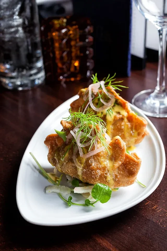 Golden fried dumplings or empanadas with sauce, red onion, and dill.