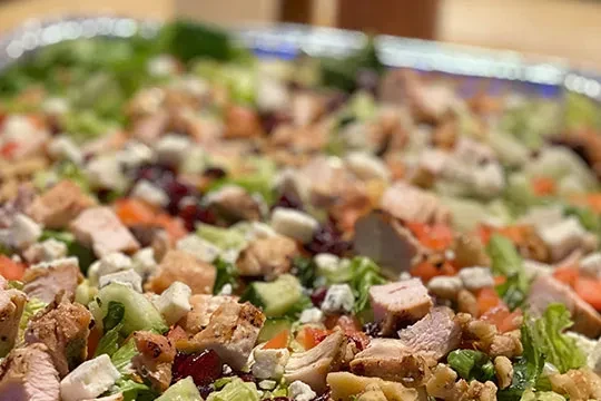 Vibrant catering salad with grilled chicken, vegetables, cheese, nuts, and fruit.