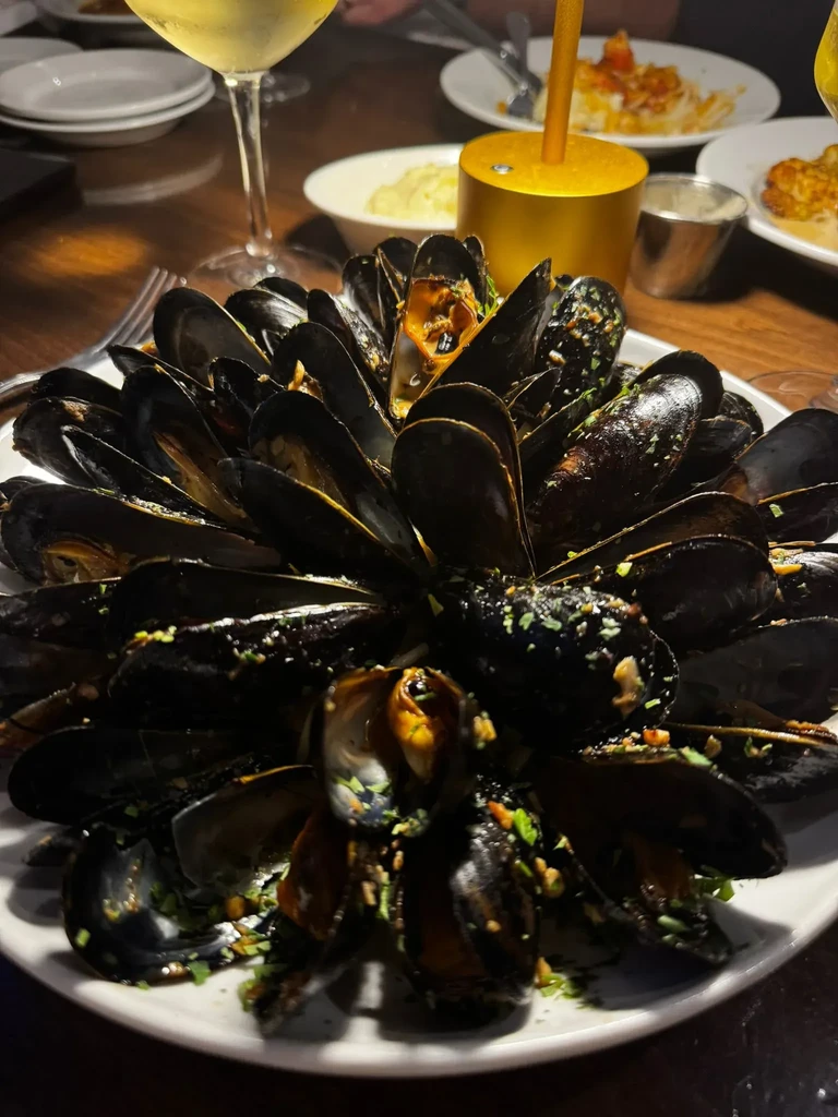 Close-up of steamed mussels in sauce, garnished with herbs.