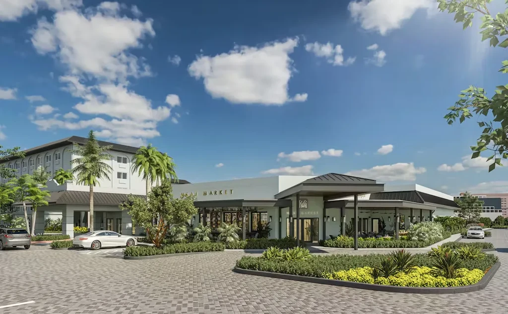 Architectural rendering of modern 'MANI MARKET' building with landscaping and cars.