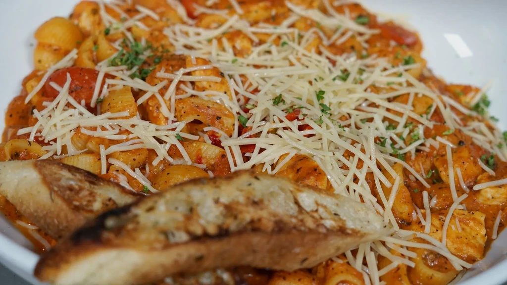 Shell pasta with chicken, red sauce, cheese, and bread slices.