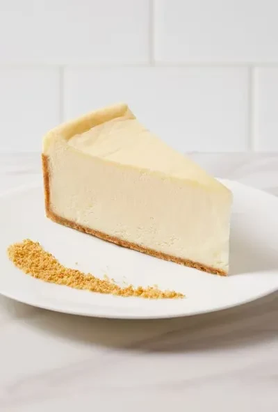 Slice of plain cheesecake with graham cracker crust on white plate.