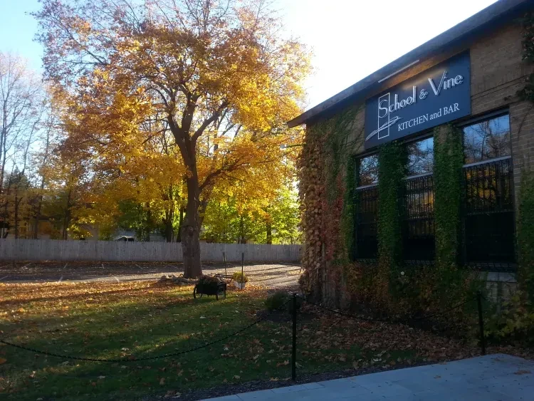 Ivy-covered School & Vine Kitchen building, brilliant autumn foliage.