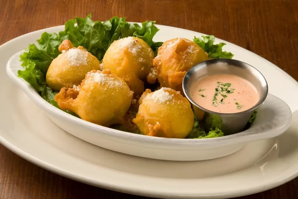 Fried cheese balls with powdered cheese, on lettuce with a dipping sauce.