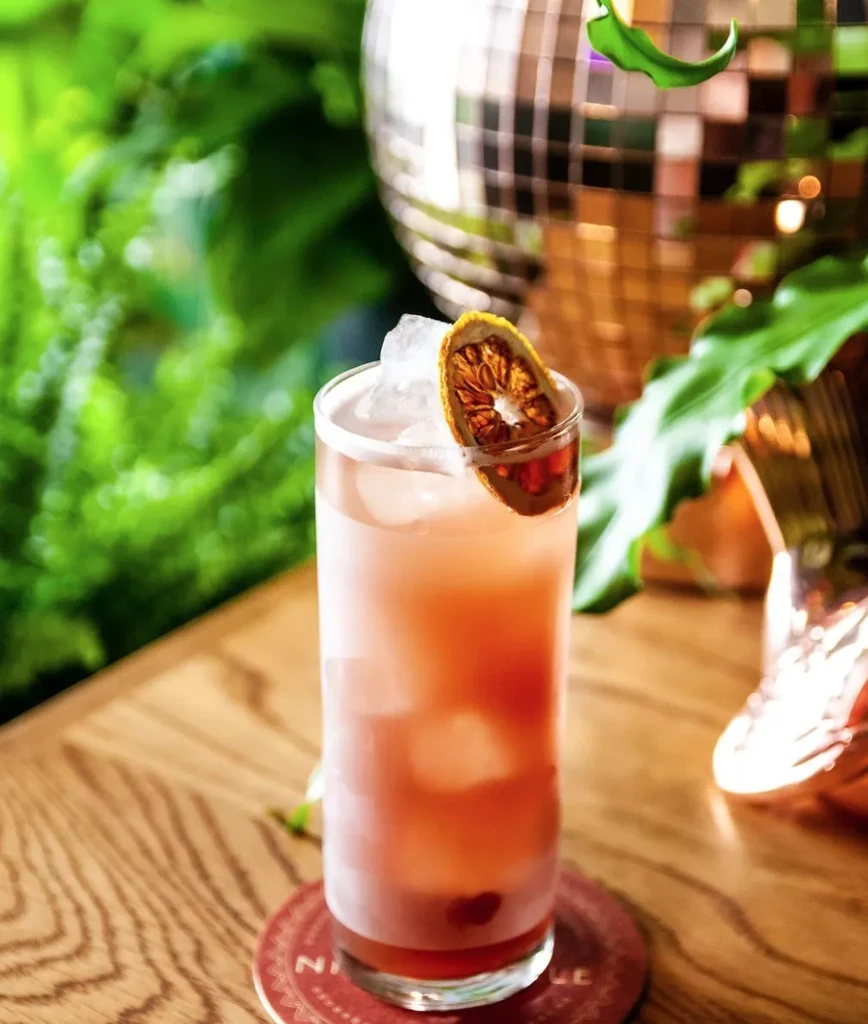 A tall glass of pink cocktail with ice and a dried orange slice.