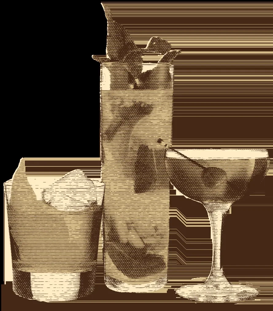 Three drinks in different glasses, in a sepia-toned, woodcut style.