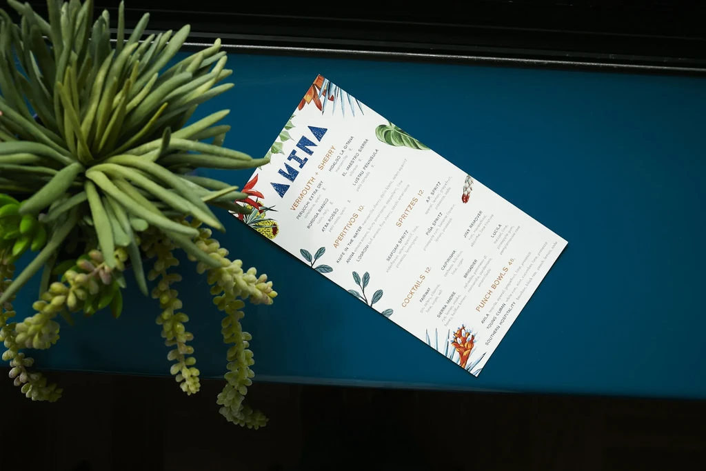 A restaurant menu with colorful borders and cocktails, next to a green plant.