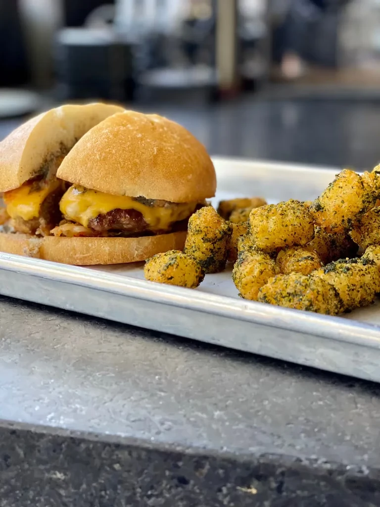 Cheeseburger on a tray with a pile of seasoned tater tots.