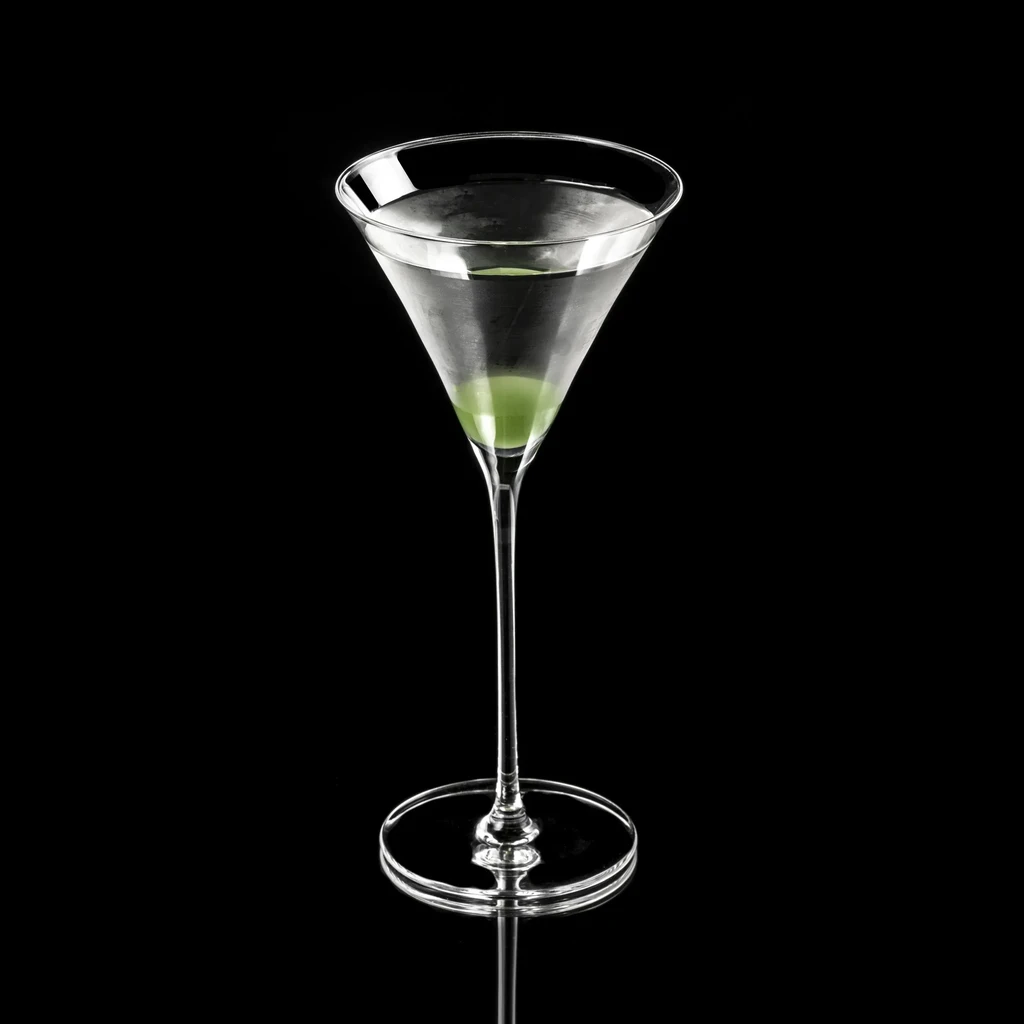 Martini glass with clear liquid and green olive on black background.