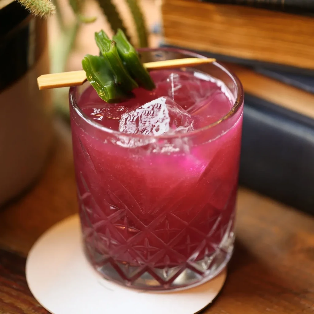 A magenta cocktail in a cut glass, garnished with three green leaves.
